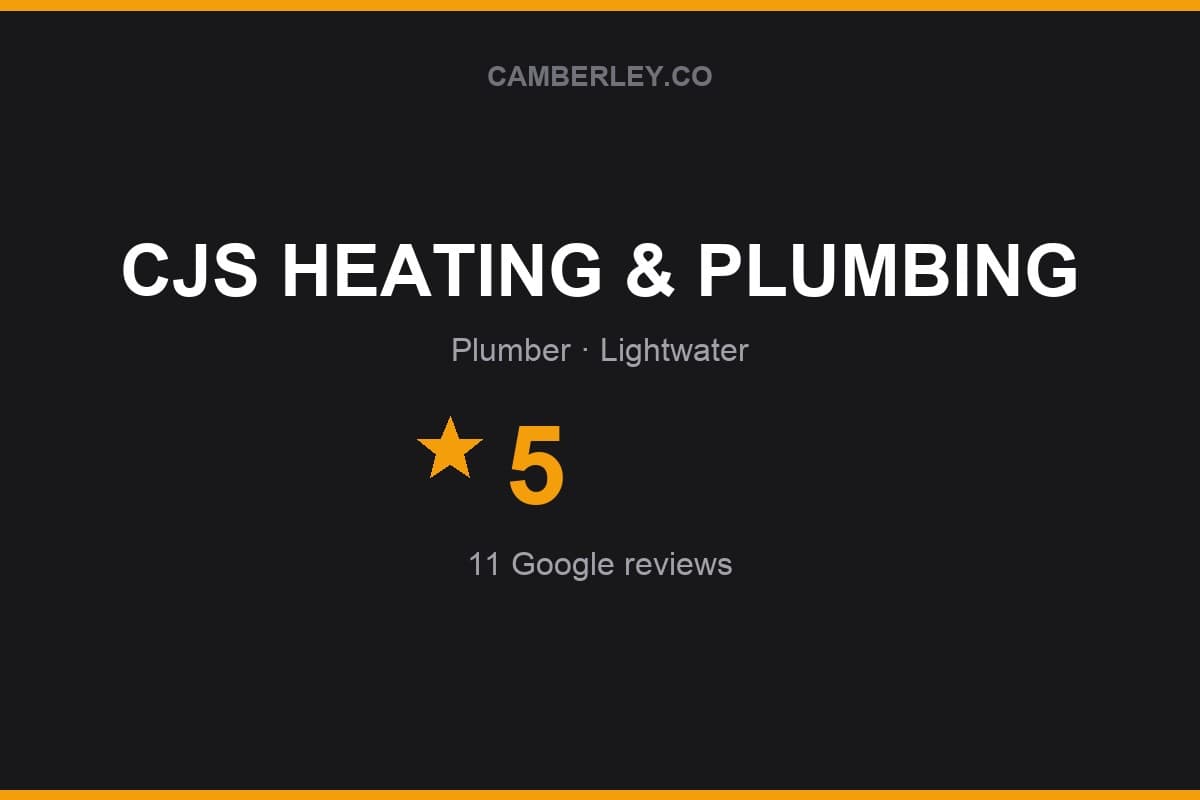 Branded Camberley.co rating card for CJS HEATING & PLUMBING: 5 stars, 11 Google reviews