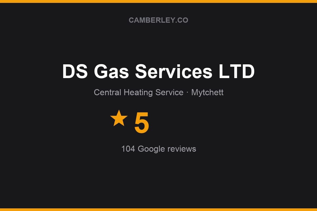 Branded Camberley.co rating card for DS Gas Services LTD: 5 stars, 104 Google reviews