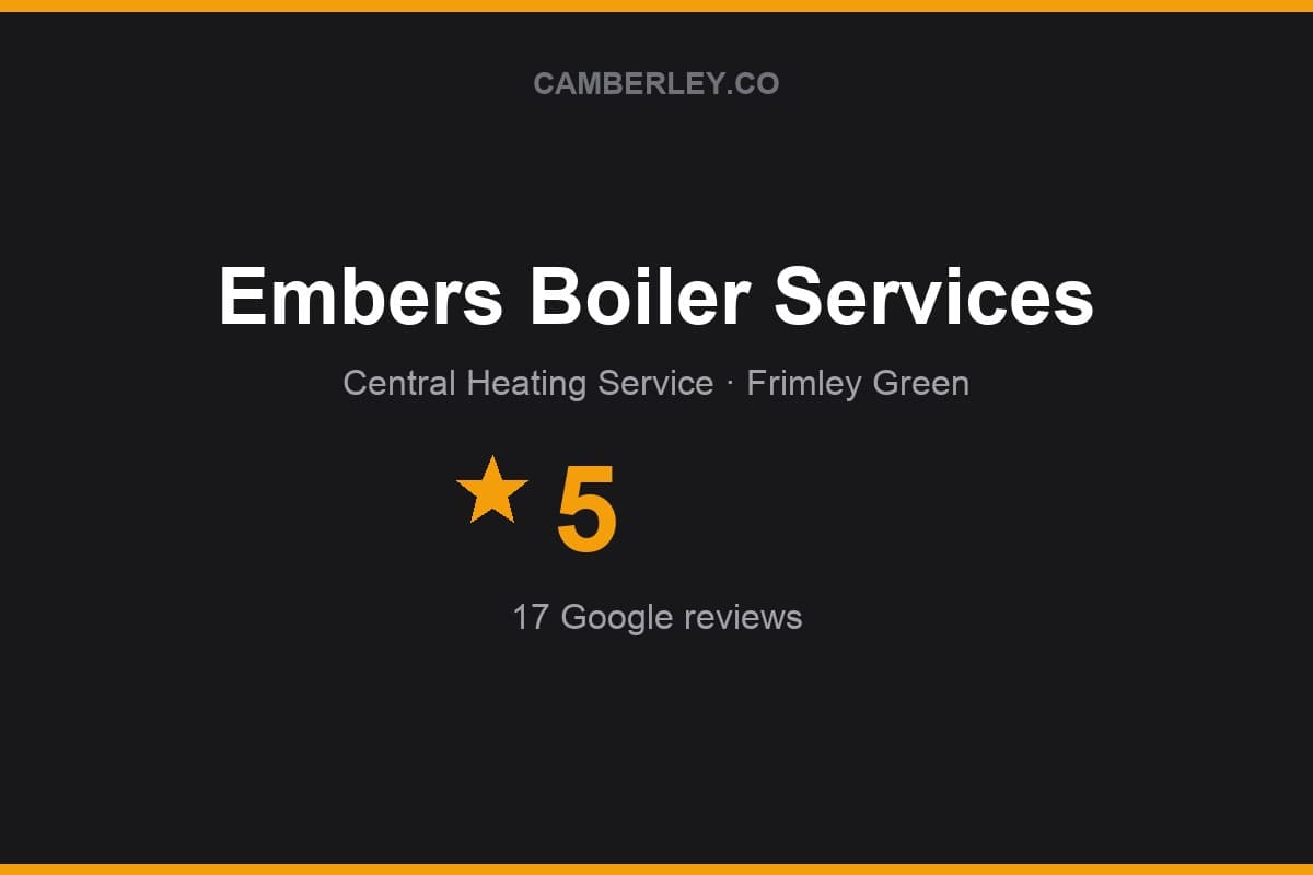 Branded Camberley.co rating card for Embers Boiler Services: 5 stars, 17 Google reviews
