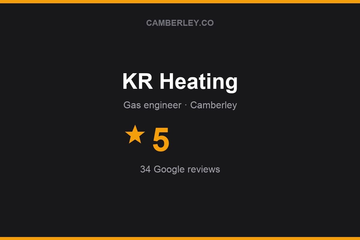 Branded Camberley.co rating card for KR Heating: 5 stars, 34 Google reviews