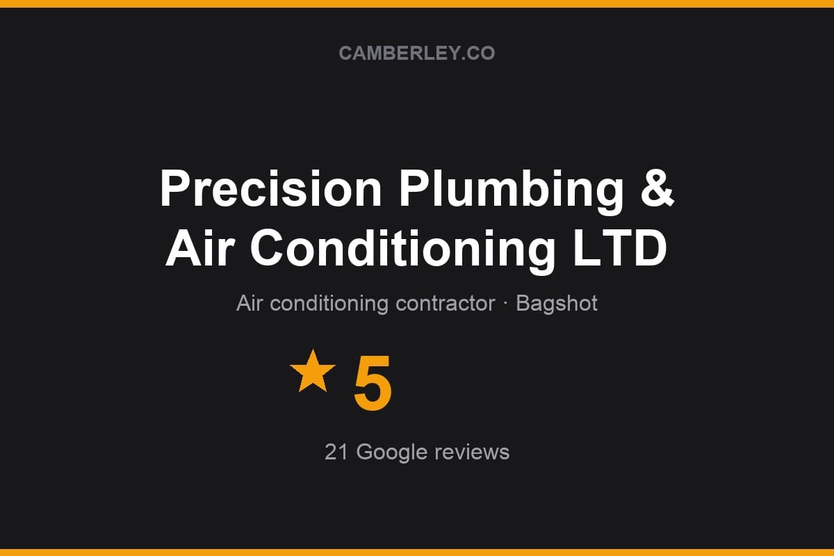 Branded Camberley.co rating card for Precision Plumbing & Air Conditioning LTD: 5 stars, 21 Google reviews