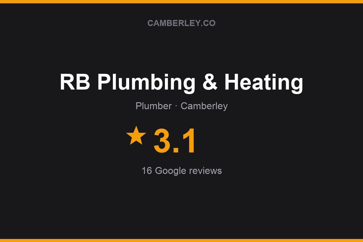 Branded Camberley.co rating card for RB Plumbing & Heating: 3.1 stars, 16 Google reviews