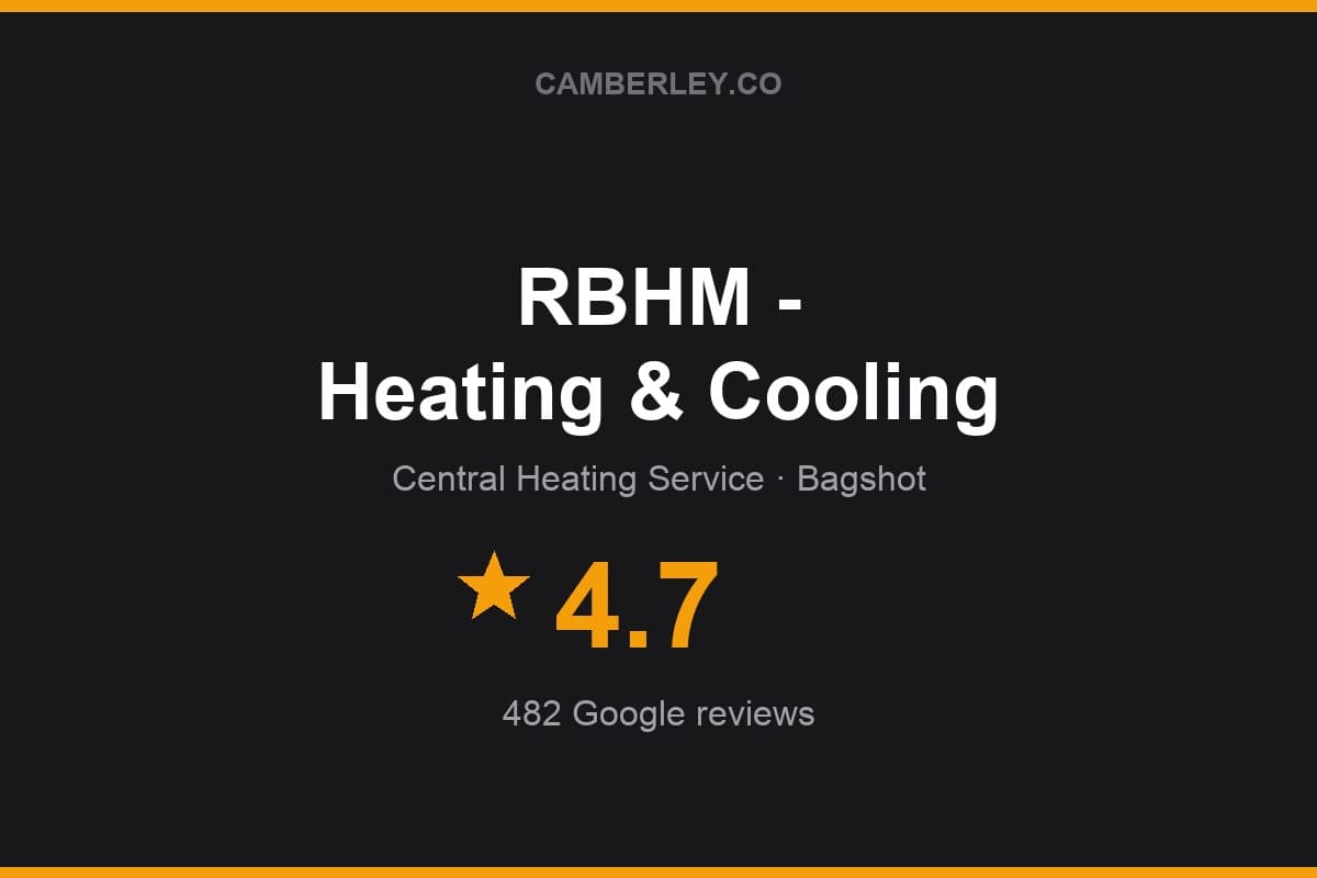 Branded Camberley.co rating card for RBHM - Heating & Cooling: 4.7 stars, 482 Google reviews
