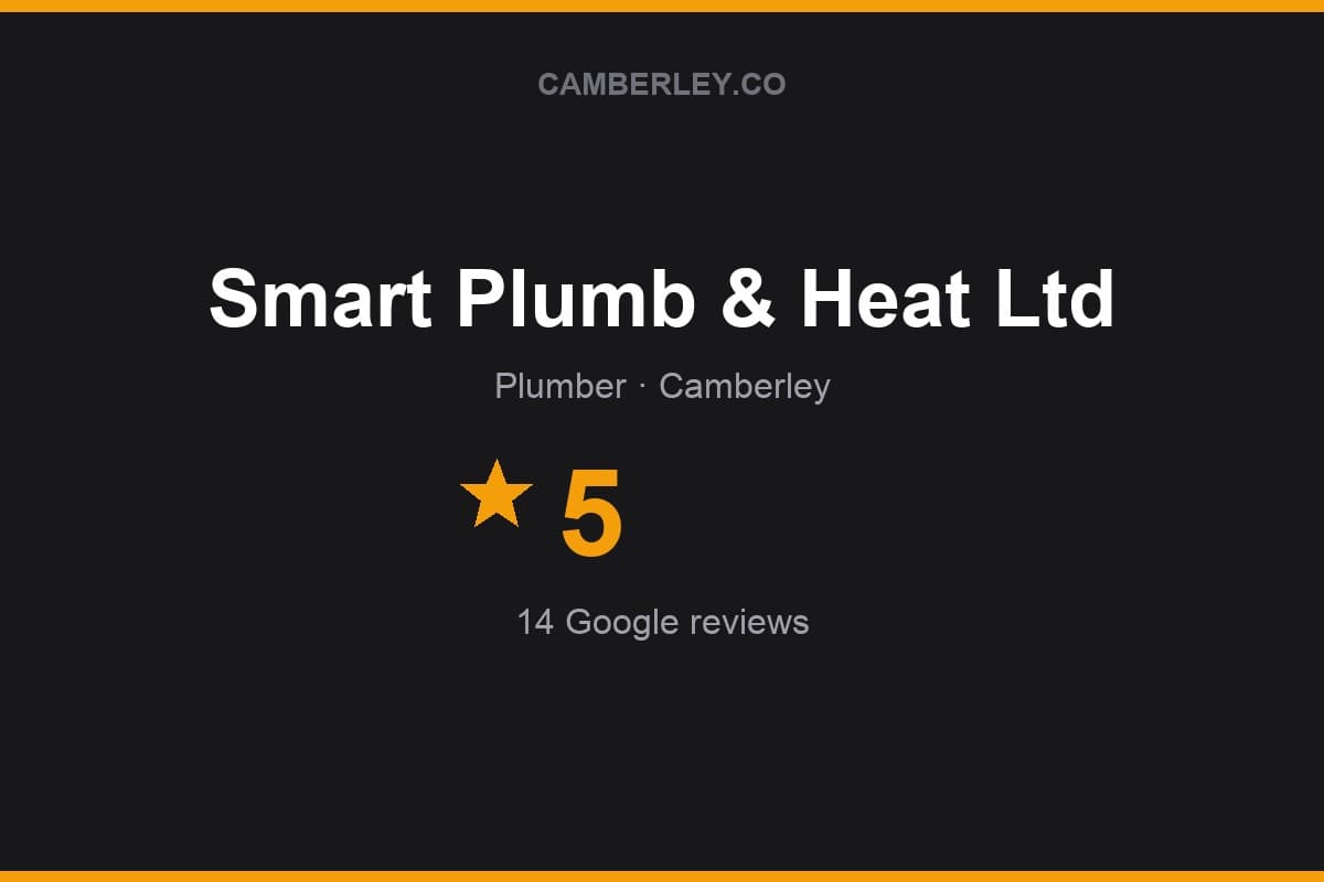 Branded Camberley.co rating card for Smart Plumb & Heat Ltd: 5 stars, 14 Google reviews