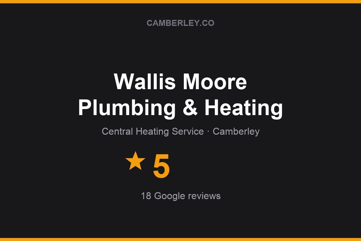Branded Camberley.co rating card for Wallis Moore Plumbing & Heating: 5 stars, 18 Google reviews