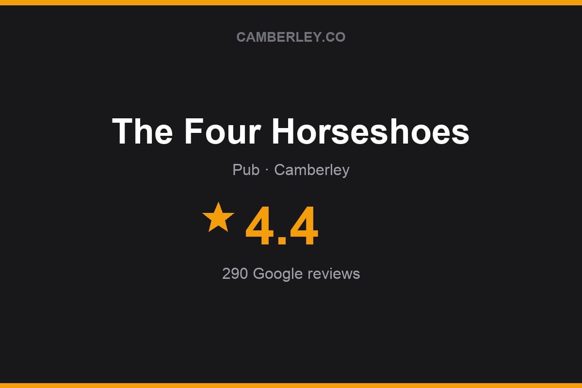 Branded Camberley.co rating card for The Four Horseshoes: 4.4 stars, 290 Google reviews