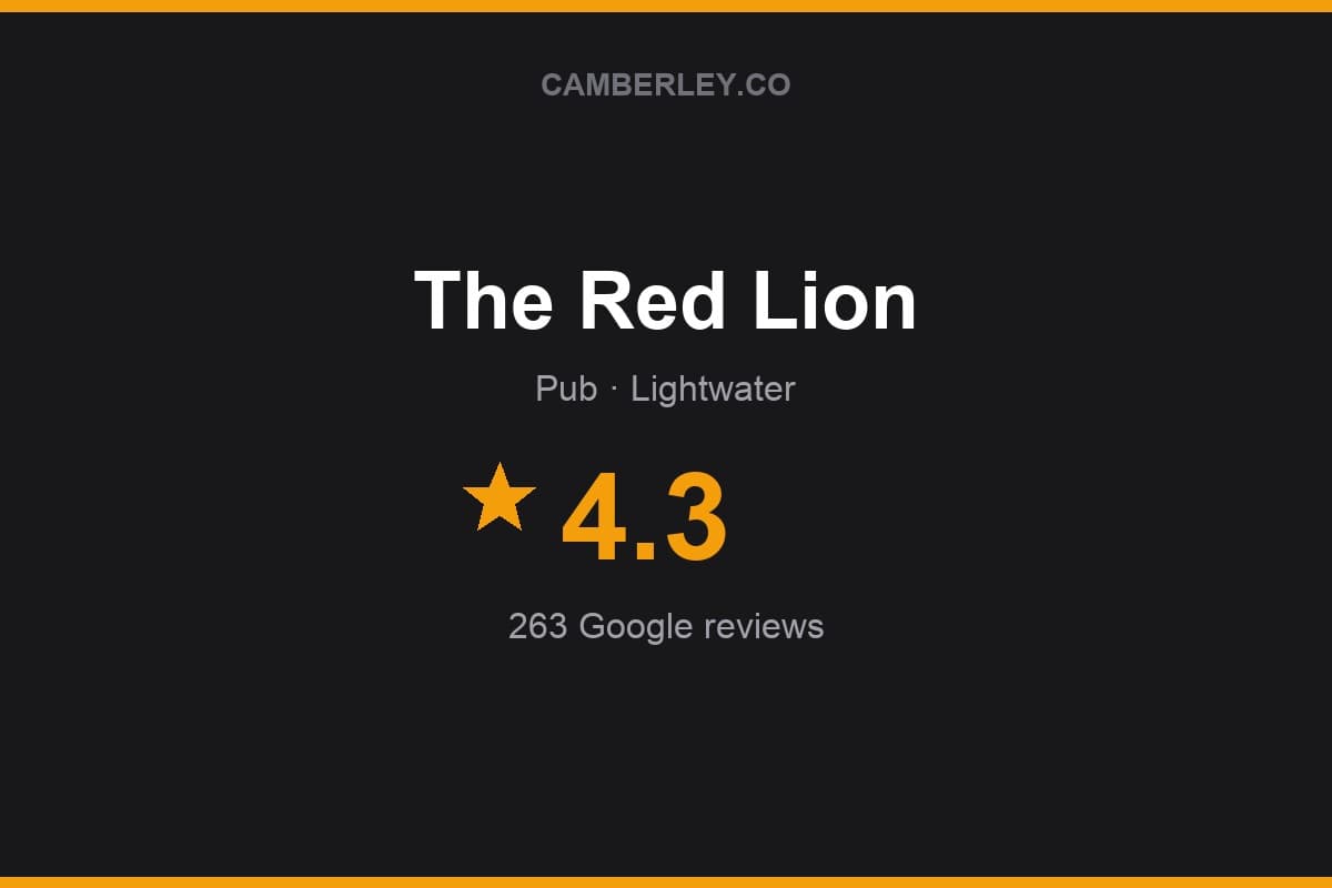 Branded Camberley.co rating card for The Red Lion: 4.3 stars, 263 Google reviews