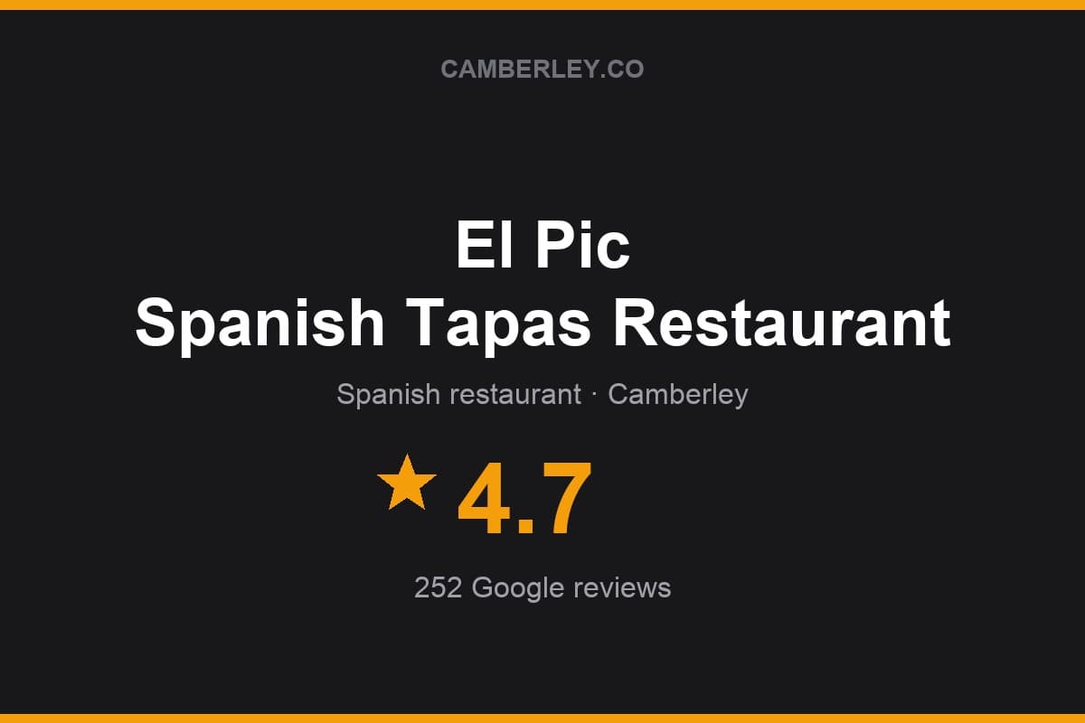 Branded Camberley.co rating card for El Pic Spanish Tapas Restaurant: 4.7 stars, 252 Google reviews